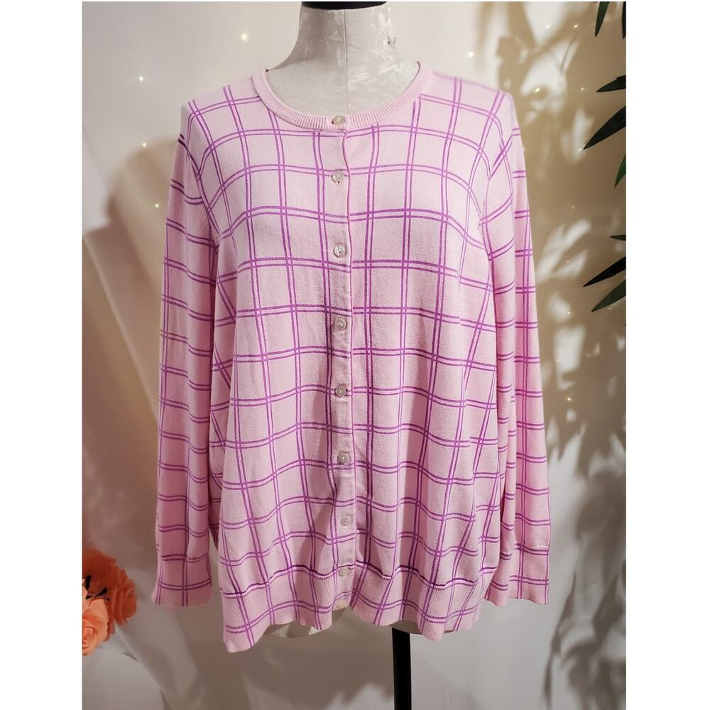 Lands End Womens Pink Windowpane Plaid Button Cardigan Sz 2X Pink Preppy Cotton